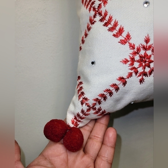 Enchanté Accessories White Red Embroidered Snowflakes Rhinestones Pompom Pillow - Picture 7 of 12
